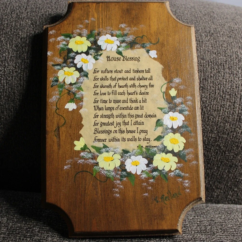 Hand Painted Wood Plaque with House Blessing Wall Decor Brown Floral Folk Art
